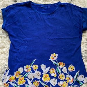 Blue floral silky blouse.  Size L